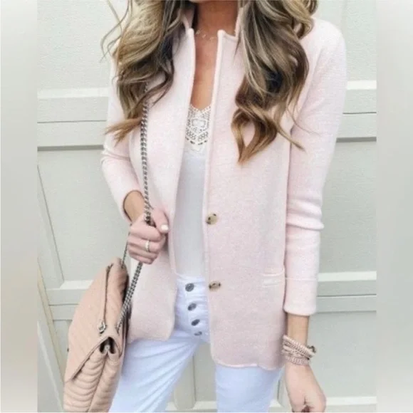 J. Crew Sweater Blazer Pink Knit Single Breasted Large Classic Preppy NormCore - Picture 7 of 7